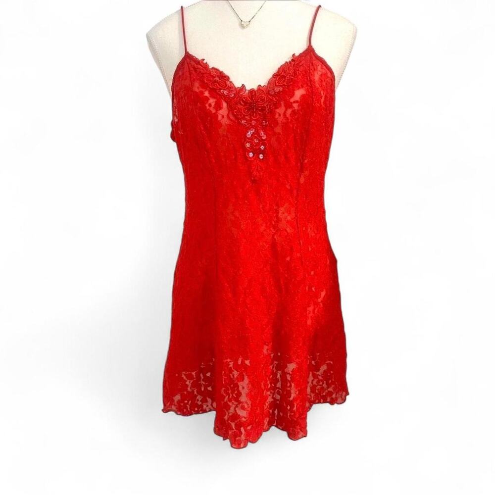 Y2K Red lace mini slip dress with floral embroidery and beaded details, size M